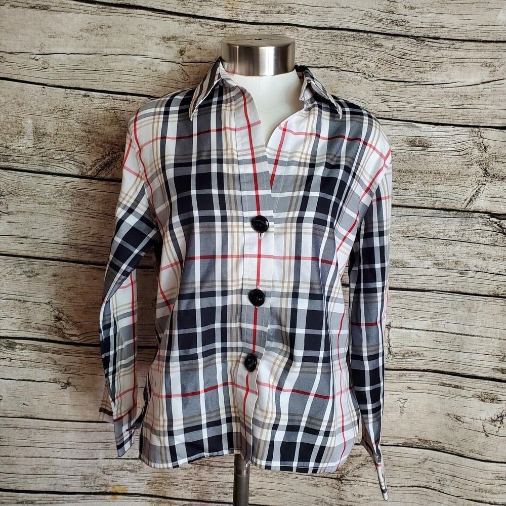 Foxcroft Wrinkle Free Blouse Womens Size  6 Plaid Buttons Collar Shaped Fit